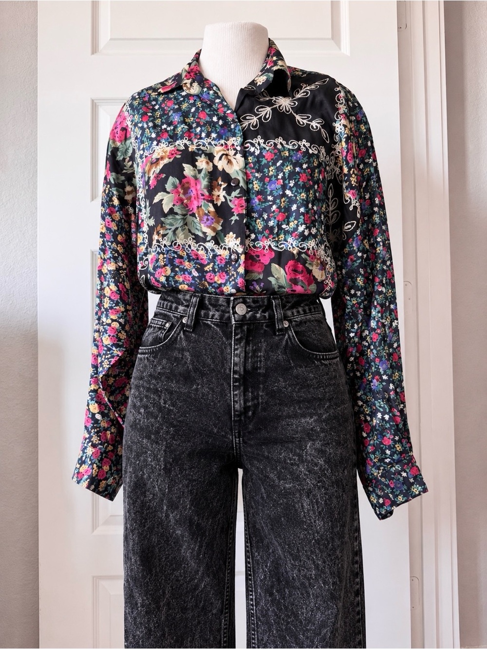 Vintage Jane Ashley Patchwork Floral Button Down Shirt Oversized 90s